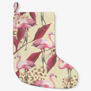 Seamless tropical pattern with pink flamingo, leav small christmas stocking