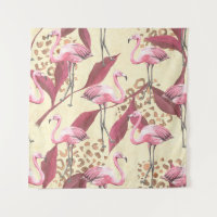 Seamless tropical pattern with pink flamingo, leav