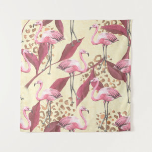 Seamless tropical pattern with pink flamingo, leav tapestry