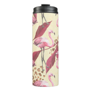 Seamless tropical pattern with pink flamingo, leav thermal tumbler