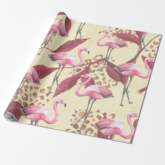 Seamless tropical pattern with pink flamingo, leav wrapping paper (Unrolled)