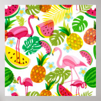 Seamless tropical pattern with pink flamingo, palm