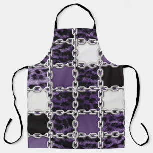 Seamless ultraviolet leopard and silver chain patt apron