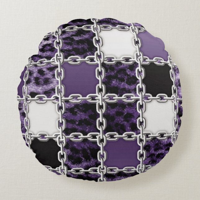 Seamless ultraviolet leopard and silver chain patt round cushion (Front)