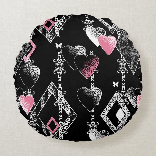 Seamless Valentines Day love black pattern hearts Round Cushion (Front)