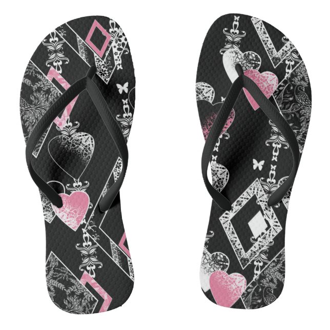 Seamless Valentines Day love black pattern hearts Thongs (Footbed)