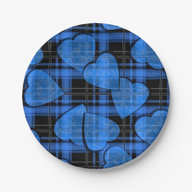 Seamless Valentines Day navy hearts chequered plai Paper Plate (Front)