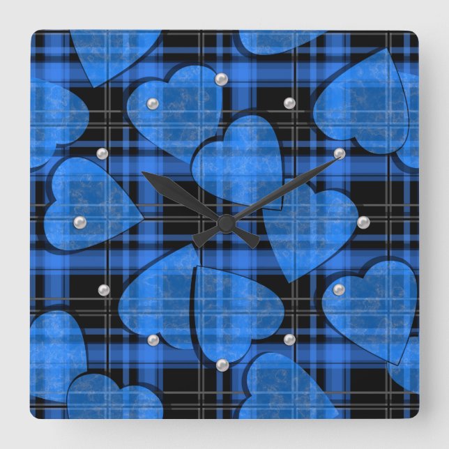 Seamless Valentines Day navy hearts chequered plai Square Wall Clock (Front)
