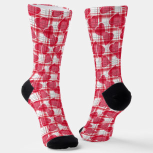 Seamless Valentines Day red hearts chequered plaid Socks