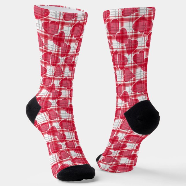 Seamless Valentines Day red hearts chequered plaid Socks (Angled)