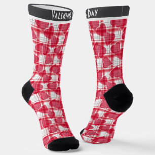 Seamless Valentines Day red hearts chequered plaid Socks