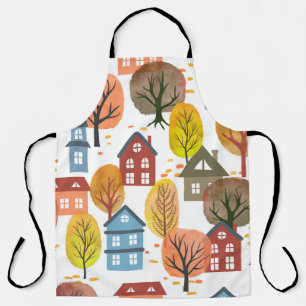 Seamless vintage autumn city pattern with watercol apron