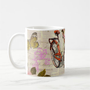 Seamless vintage background with roses,  butterfly coffee mug