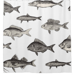 Seamless vintage fish patternvintage, fish, patter shower curtain