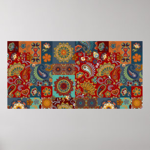 Seamless vintage patchwork tile with paisley and m poster