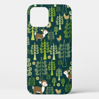 Seamless vintage pattern with spruce trees, fawn d