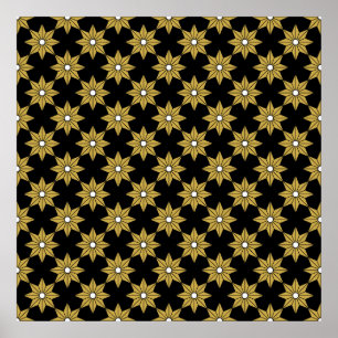 Seamless vintage star flower pattern. Gold and bla Poster