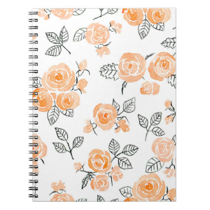 Seamless watercolor and ink pattern with roses and notebook