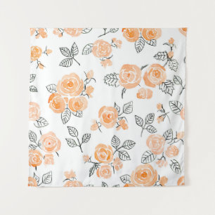 Seamless watercolor and ink pattern with roses and tapestry