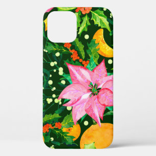 Seamless watercolor Christmas pattern with poinset iPhone 12 Case