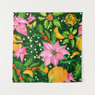 Seamless watercolor Christmas pattern with poinset Tapestry