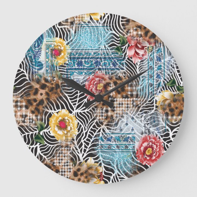 Seamless watercolor flower, textured pattern. large clock (Front)