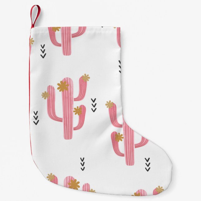Seamless watercolor flowering cactus pattern. Vint Small Christmas Stocking (Front)