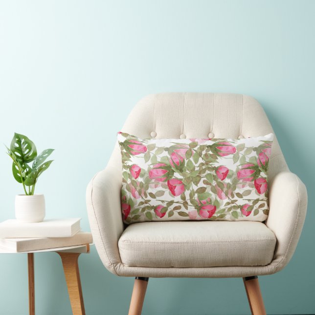 Seamless watercolor flowers pink roses floral  lumbar cushion (Chair)