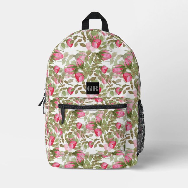 Seamless watercolor flowers pink roses floral printed backpack (Front)