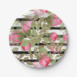 Seamless watercolor flowers pink roses floral roma paper plate
