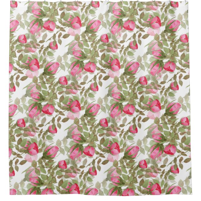 Seamless watercolor flowers pink roses floral shower curtain (Front)