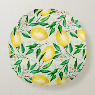 Seamless watercolor fruit pattern. lemons on twigs round cushion