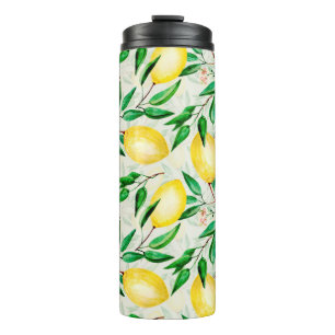 Seamless watercolor fruit pattern. lemons on twigs thermal tumbler