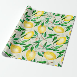 Seamless watercolor fruit pattern. lemons on twigs wrapping paper