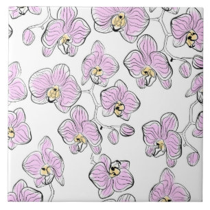 Seamless watercolor orchids phalaenopsis flowers w ceramic tile