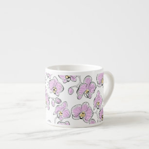 Seamless watercolor orchids phalaenopsis flowers w espresso cup