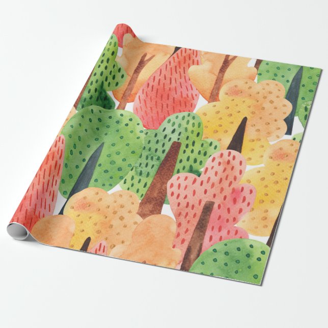 seamless watercolor pattern of autumn trees wrapping paper (Unrolled)