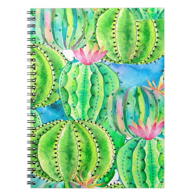 Seamless watercolor pattern of cacti. Floral summe Notebook (Front)