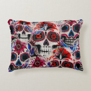 Seamless watercolor pattern of sugar skulls. decorative cushion