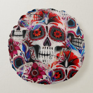 Seamless watercolor pattern of sugar skulls. round cushion