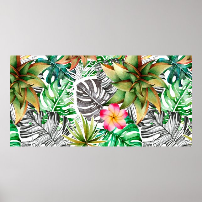 Seamless watercolor pattern of tropical leaves.  poster (Front)