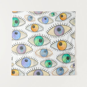 Seamless watercolor pattern of wide open human eye tapestry