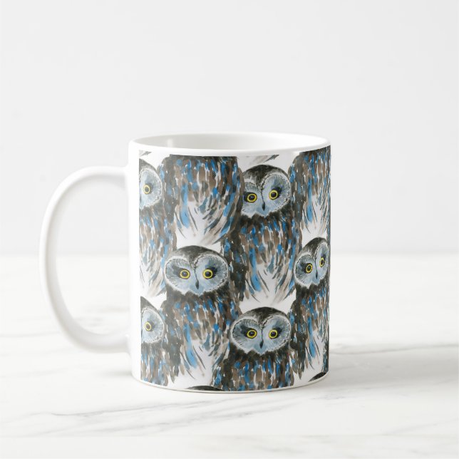 Seamless watercolor pattern with big owl coffee mug (Left)