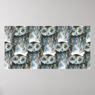 Seamless watercolor pattern with big owl poster