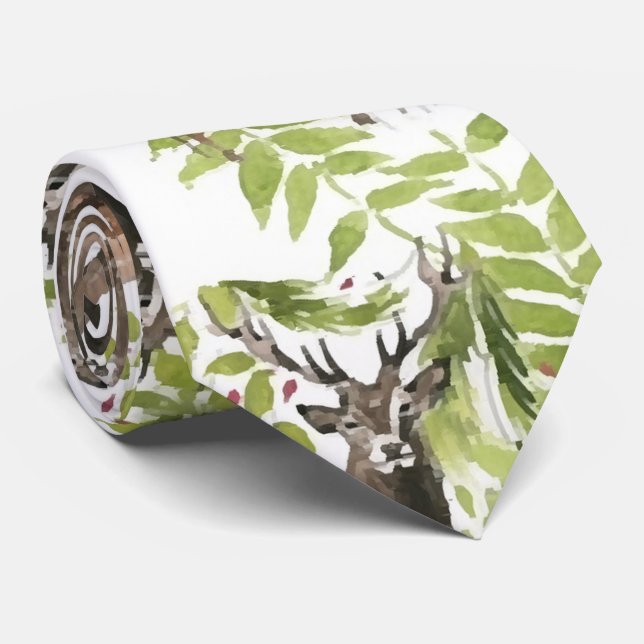 seamless watercolor pattern with deer on leaves  tie (Rolled)