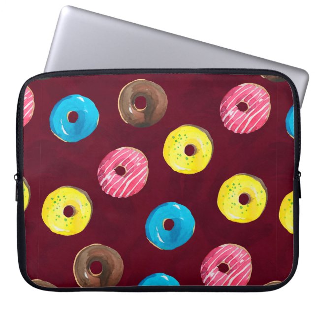 Seamless watercolor pattern with doughnuts on ruby laptop sleeve (Front)