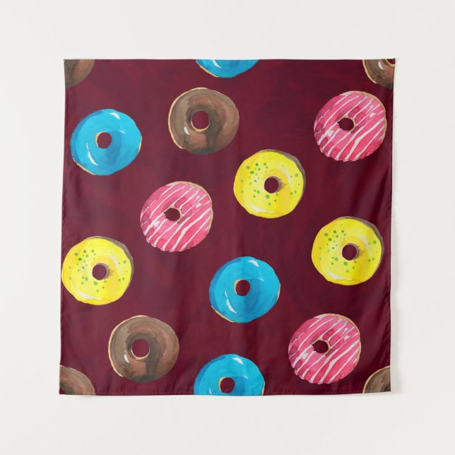 Seamless watercolor pattern with doughnuts on ruby tapestry (Front)