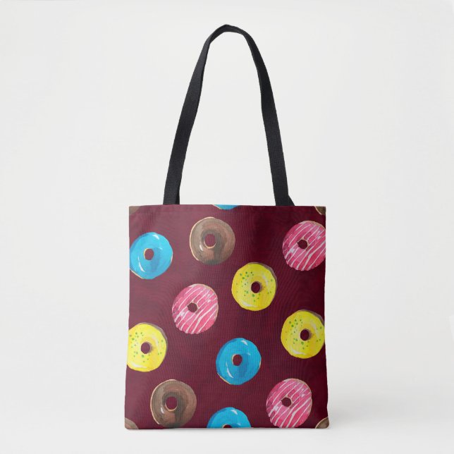 Seamless watercolor pattern with doughnuts on ruby tote bag (Front)