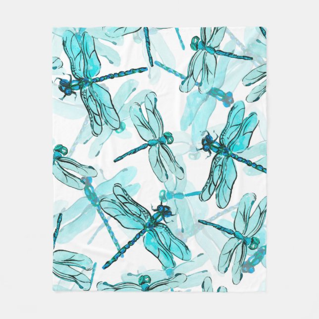 Seamless watercolor pattern with elegant dragonfly fleece blanket (Front)