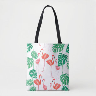 Seamless watercolor pattern with flamingo family w tote bag